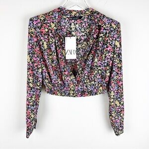 Zara Black Floral V-Neck Cropped Blouse with Pink Purple Yellow Flowers